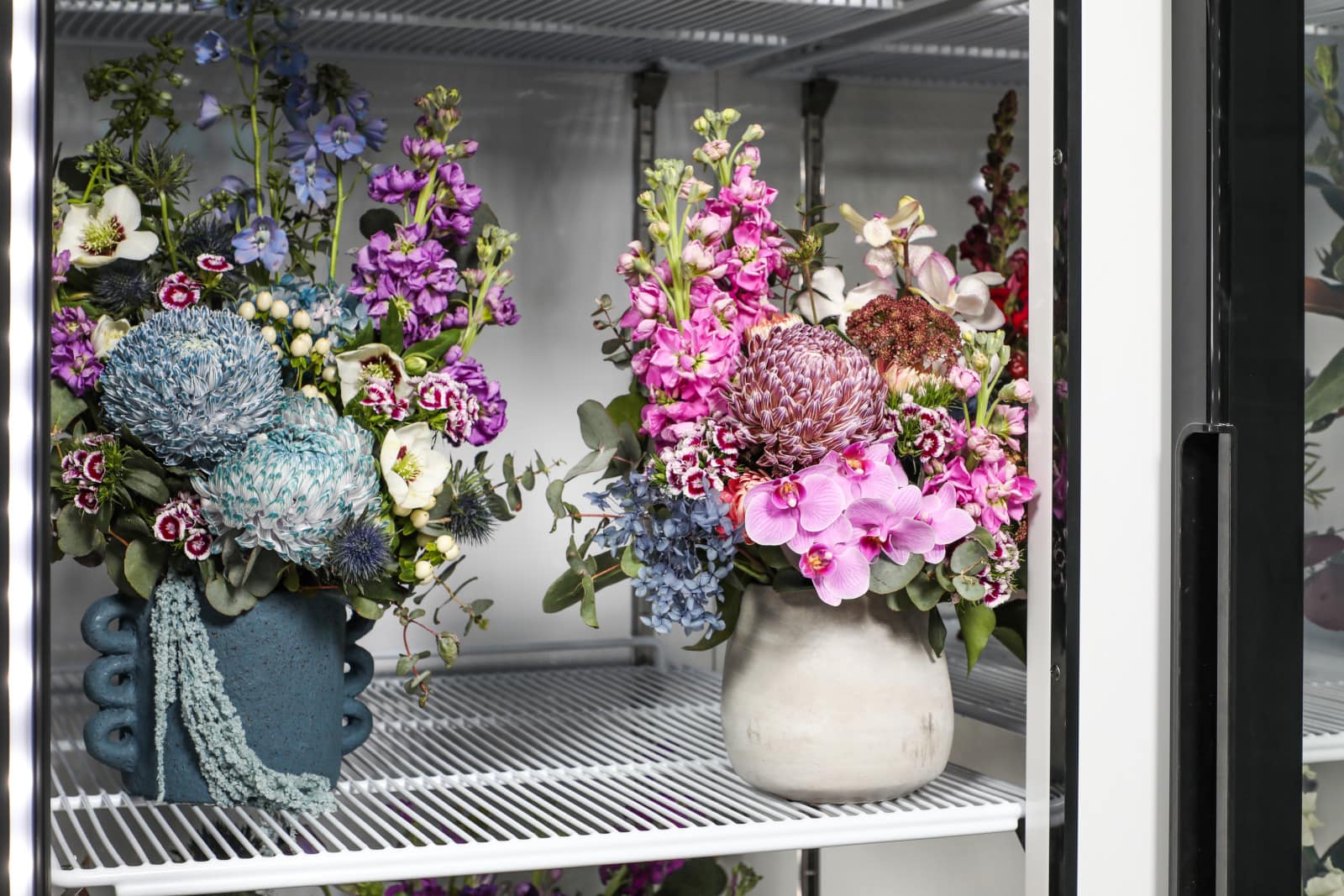 Inside a flower display fridge