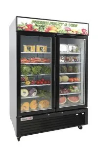 Upright glass display fridge displaying fresh produce