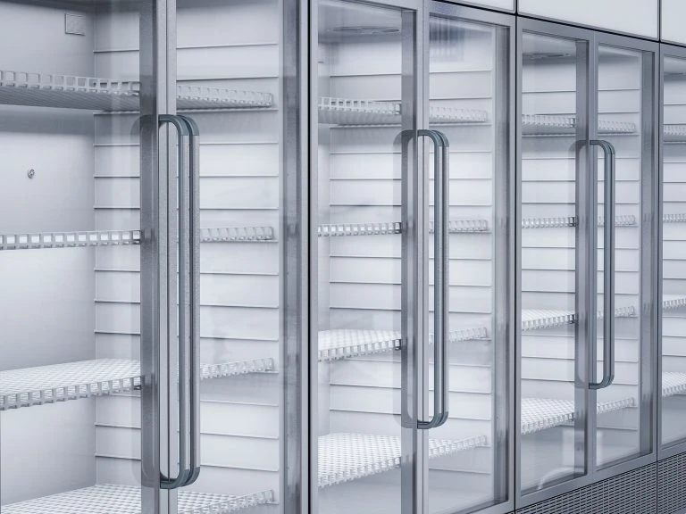 A row of empty commercial glass door refrigerators