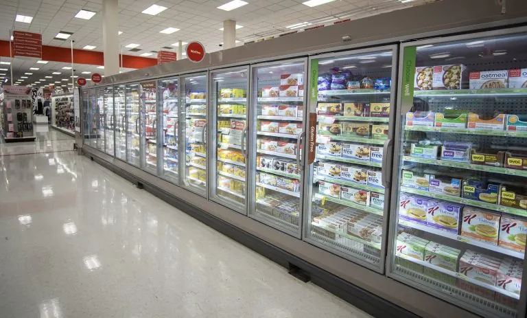 Supermarket display fridges displaying food products